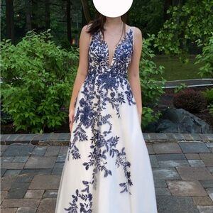 Camille La Vie Navy and White Floral Prom Dress